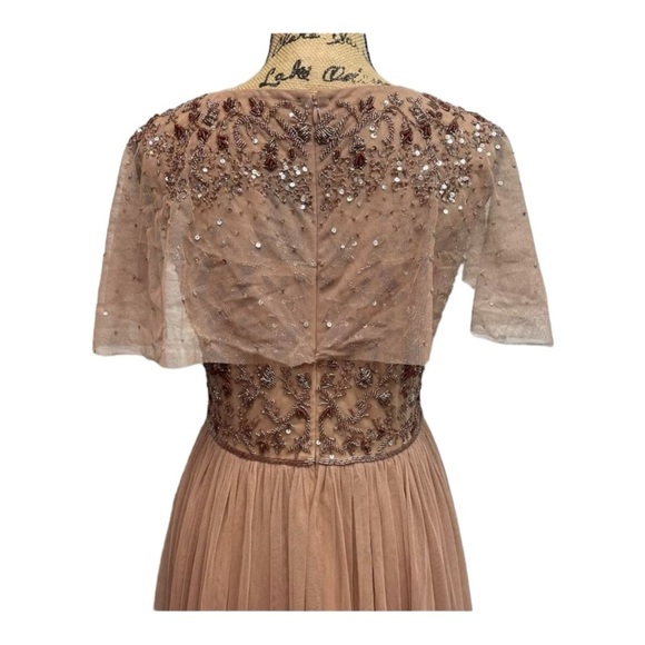 ADRIANNA PAPELL Rose Gold Beaded Embroidered Tulle Maxi Gown Dress 10 - Picture 14 of 15